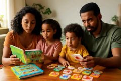 Pais comparando livros bilíngues e jogos de memória em inglês para escolher a melhor opção para uma criança em casa