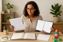 Psicopedagoga comparando caderno de intervenção, fichas prontas e planner psicopedagógico em uma mesa de trabalho