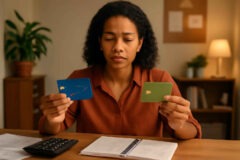 Professor comparando cartão de crédito com cashback e débito organizado para controlar melhor os gastos