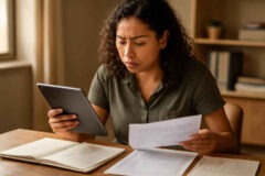 Professora comparando tablet, notebook e materiais impressos para estudar para concurso de pedagogia